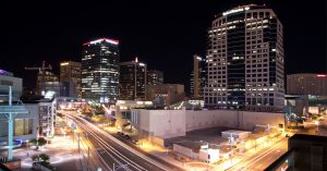 A nighttime photo of the Phoenix skyline at night.