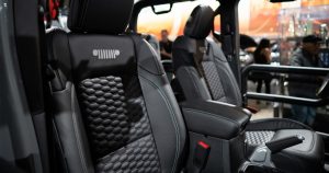 An interior look at the front seat of the Jeep Gladiator.